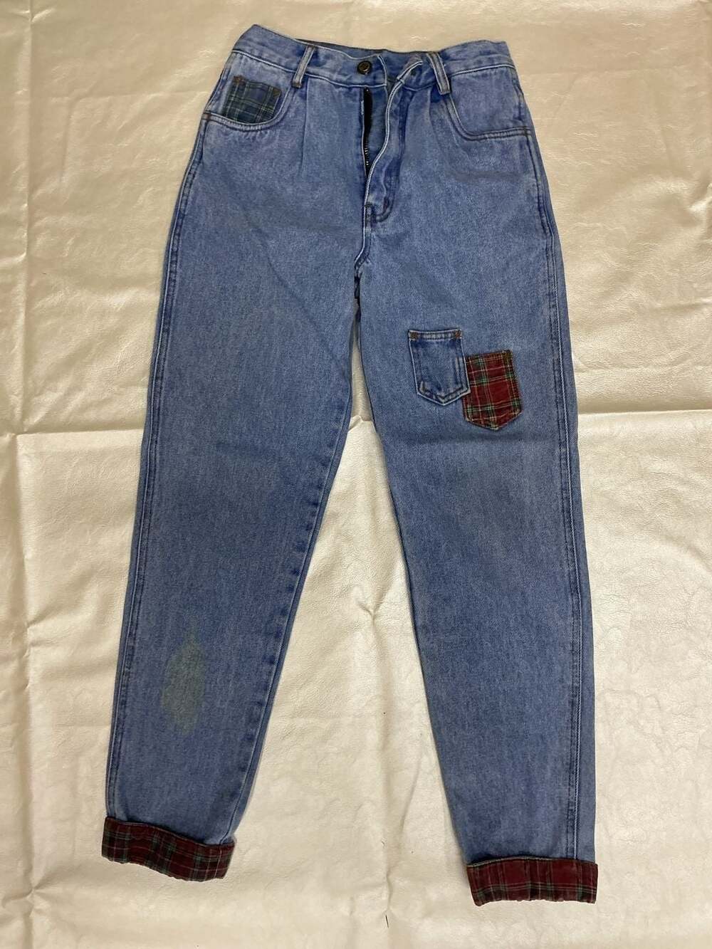 RIO by Stephen Vaughan Vintage Patchwork Plaid Accented Denim Jeans